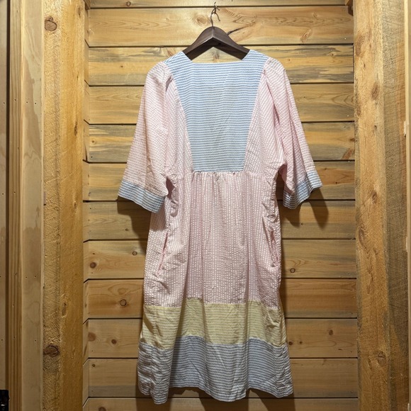 Cottage Core Womens Dress Pink‎ Blue Striped Midi Zipper Pockets Searsucker OS - Picture 6 of 8